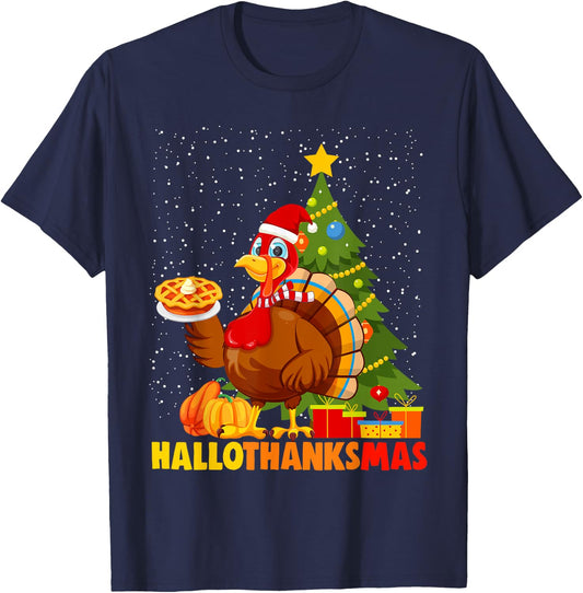 Happy Hallothanksmas Funny Halloween Thanksgiving Christmas T-Shirt - T-Shirt | Navy