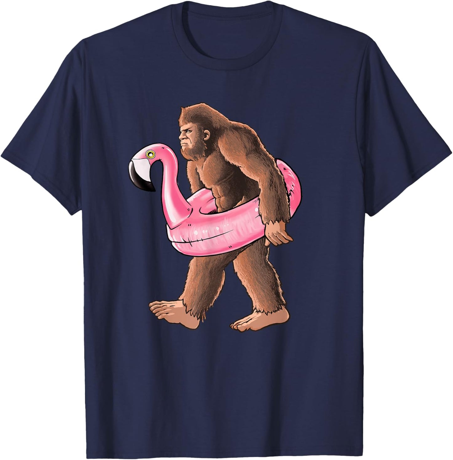 Bigfoot Carrying a Pink Flamingo Pool Floaty Summertime T-Shirt - T-Shirt | Navy