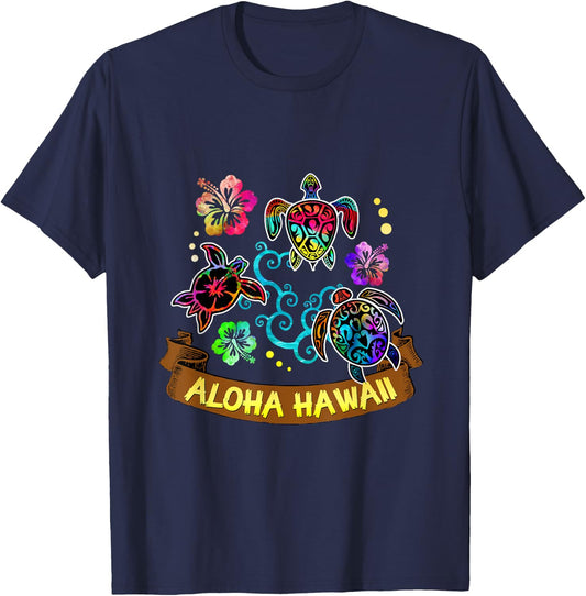 Artistic and Beautiful Aloha Hawaii Turtles T-Shirt - T-Shirt | Navy