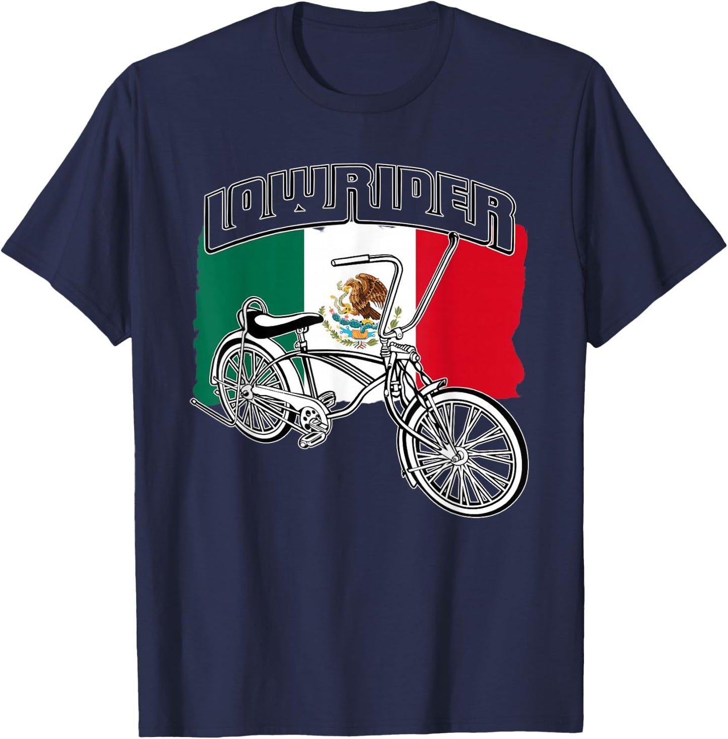 Low Rider Bicycle Mexico Flag Chicano Lowrider Bike T-Shirt - T-Shirt | Navy