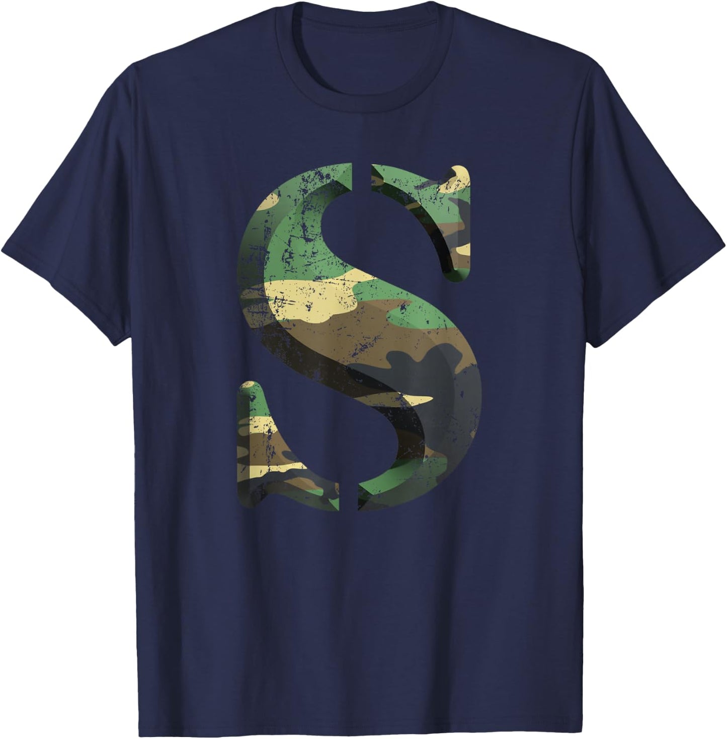 Capital Letter S Stencil Font Army Camo Woodland Camouflage T-Shirt - T-Shirt | Navy