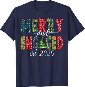 Merry And Engaged 2025 Couples Matching Christmas Pajamas T-Shirt - T-Shirt | Navy