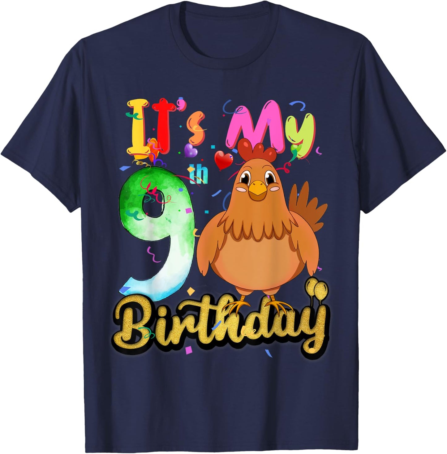 Kids Chicken 9th Birthday 9 Years Old Girls Chicken Birthday T-Shirt - T-Shirt | Navy