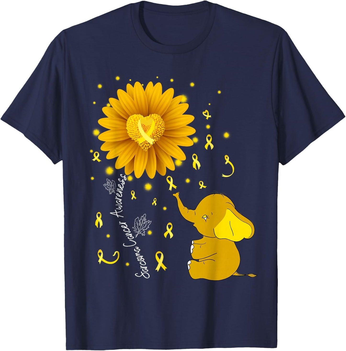 Yellow Ribbon Daisy Flower Elephant Sarcoma Cancer Awareness T-Shirt - T-Shirt | Navy
