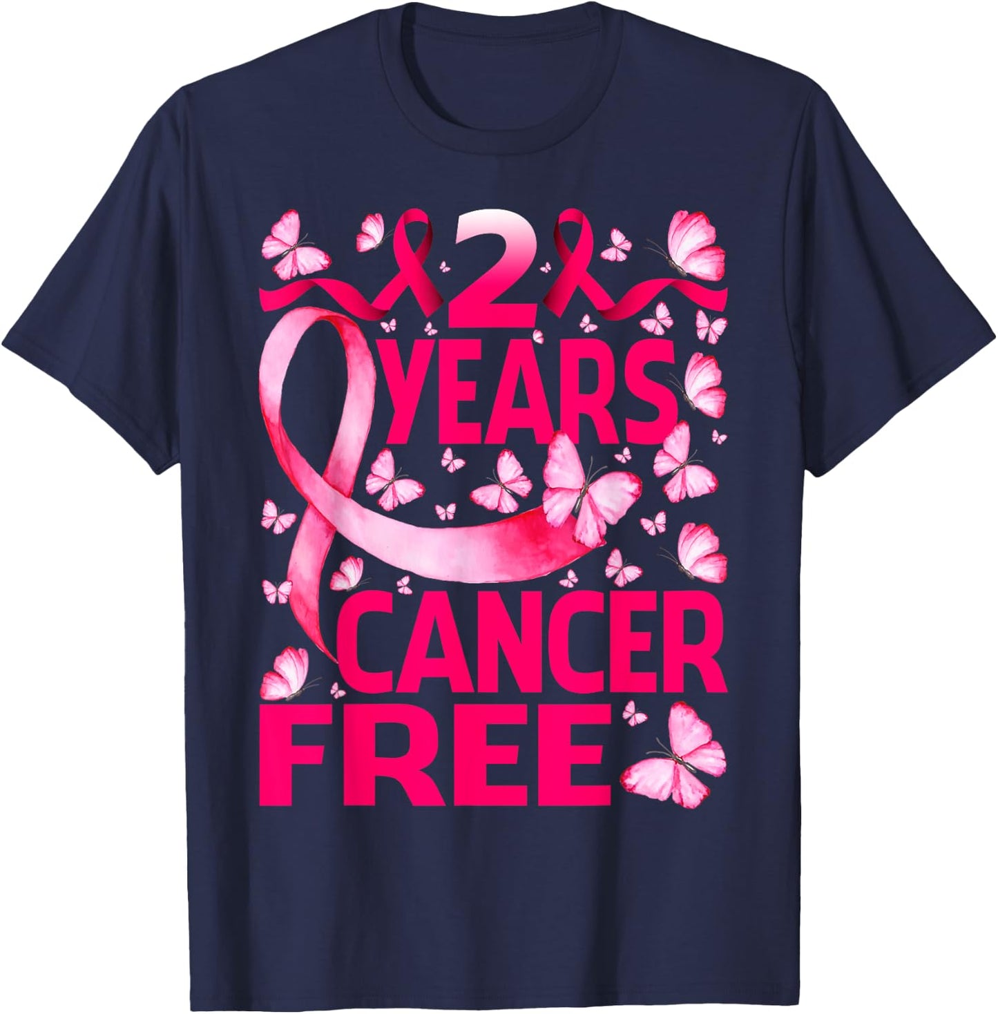 2 Years Breast Cancer Free Survivor Butterfly T-Shirt - T-Shirt | Navy