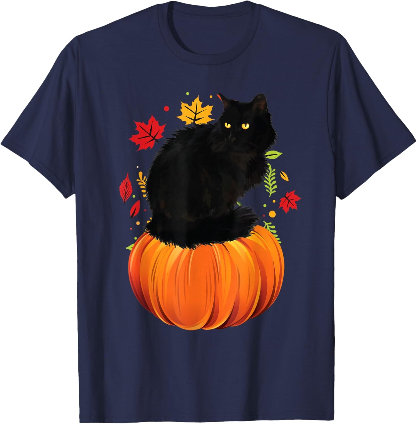 Thanksgiving Black Cat Autumn Leaves Fall Pumpkin Cat T-Shirt - T-Shirt | Navy