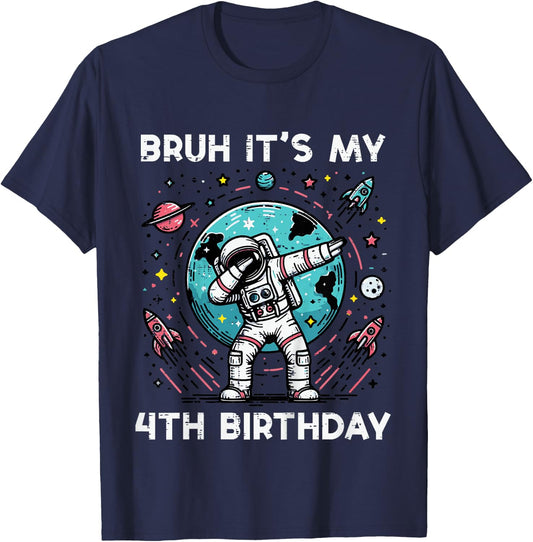 Kids Bruh My 4th Birthday Astronaut Dab 4 Bday Boys Girls Kids T-Shirt - T-Shirt | Navy