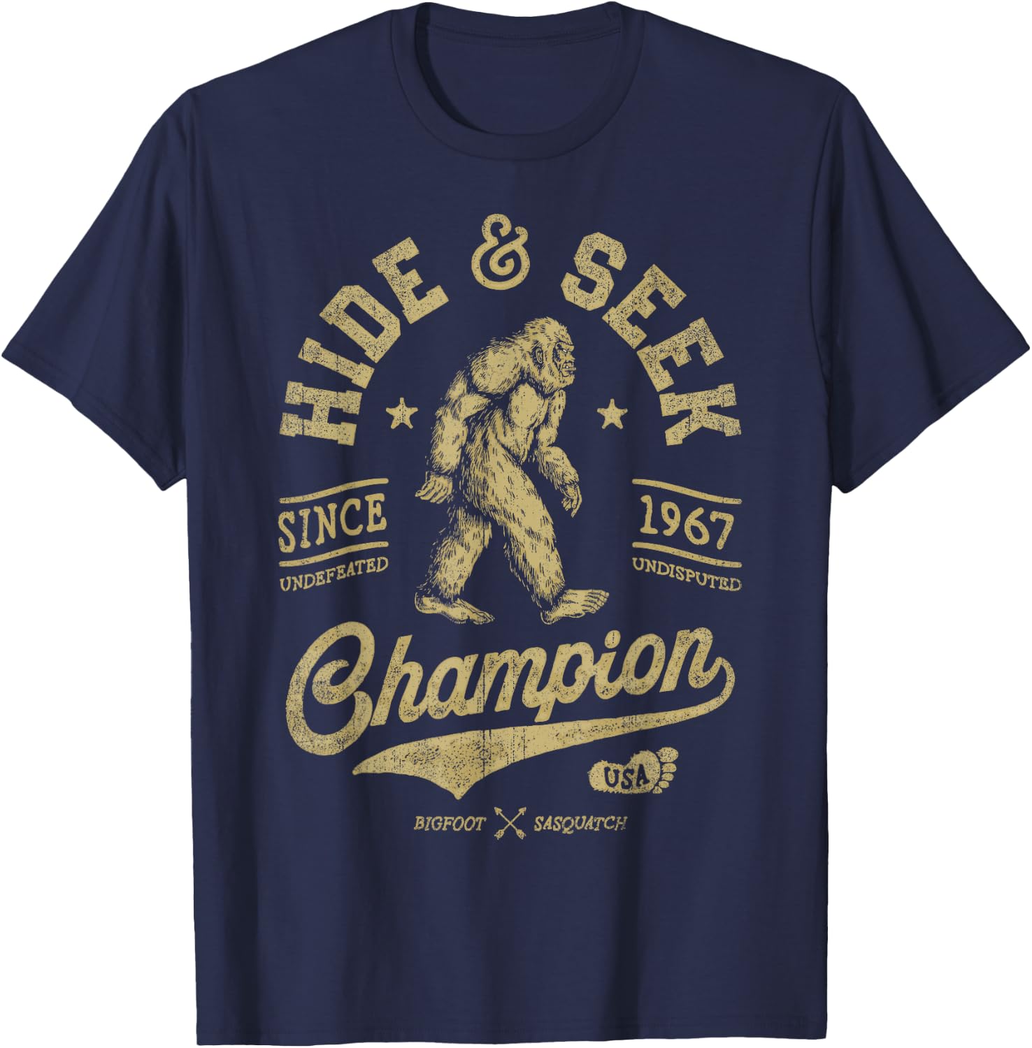Squatchy Bigfoot Co Bigfoot Hide And Seek Champion Funny Sasquax Retro Vintage T-Shirt - T-Shirt | Navy