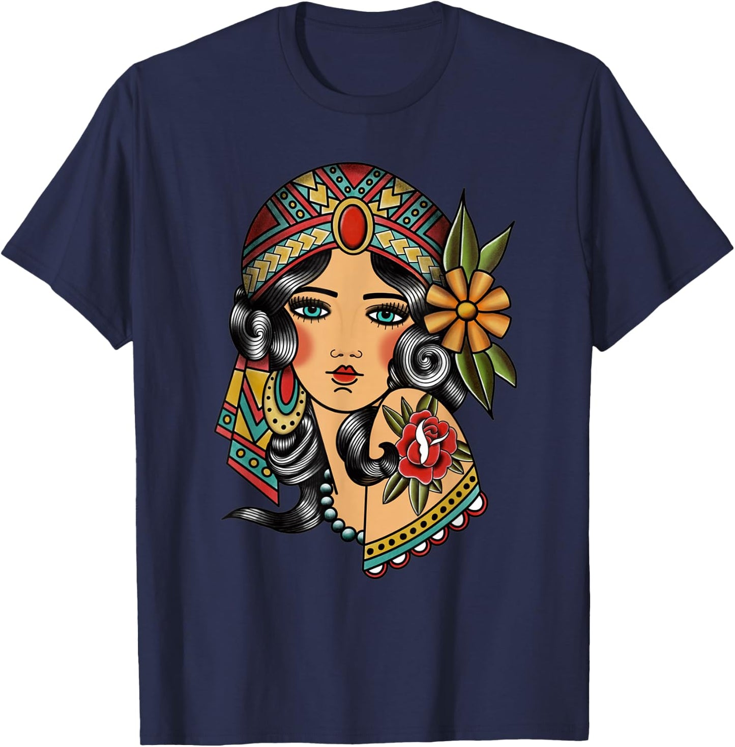 Gypsy Lady Head Fortune Teller American Traditional Tattoo Small T-Shirt - T-Shirt | Navy