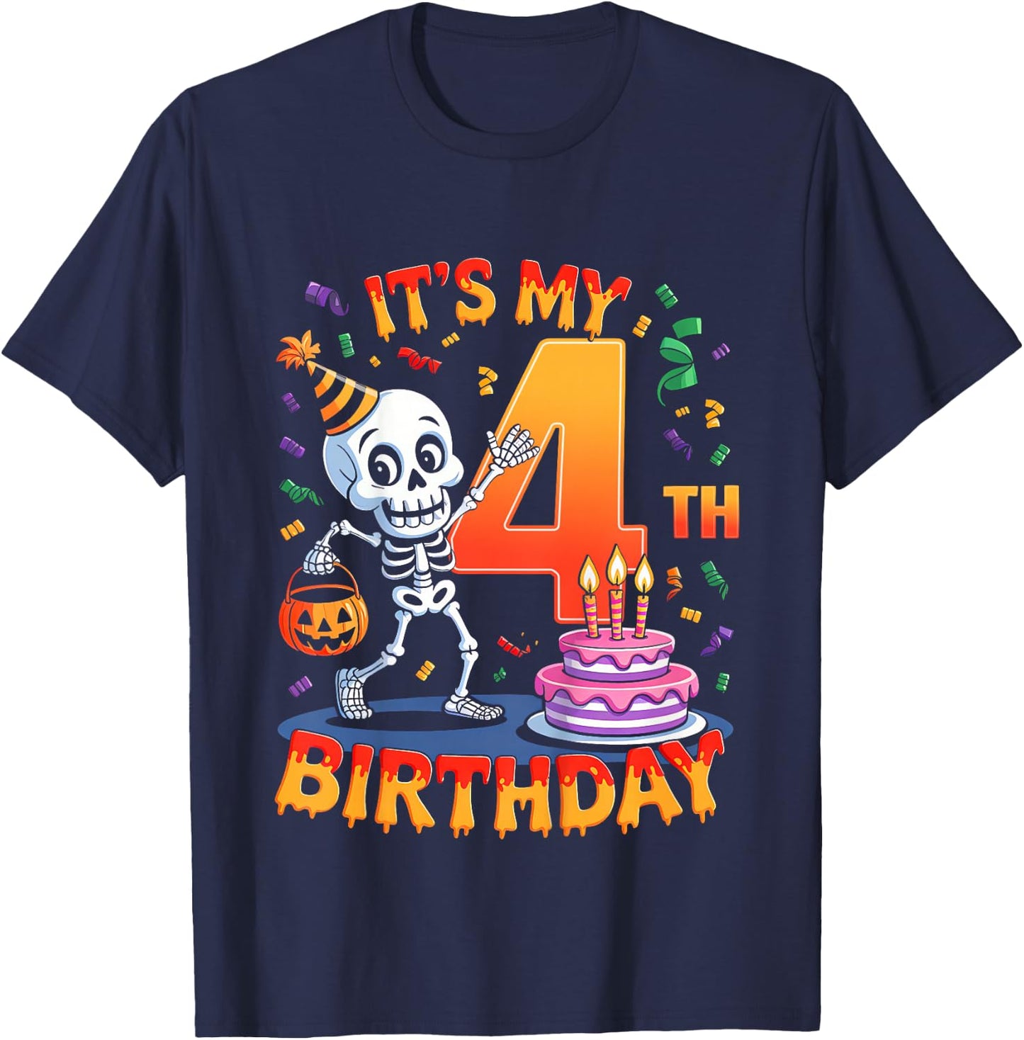 Kids Boo It's My 4th Birthday Halloween Skeleton 4 Years Old T-Shirt - T-Shirt | Navy