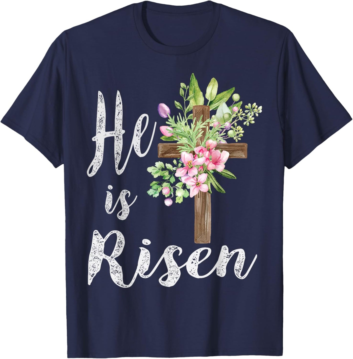 He is Risen Floral Cross Vintage Happy Easter T-Shirt - T-Shirt | Navy