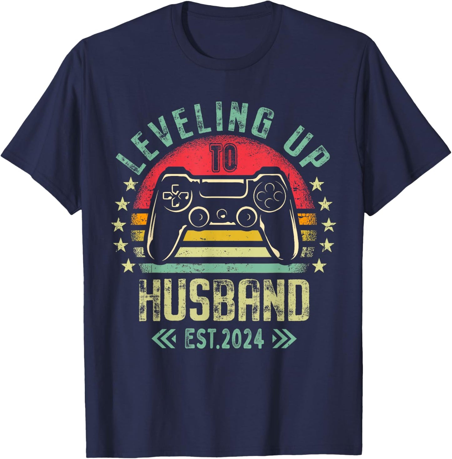 Leveling Up To Husband 2024 Leveled Bachelor Party New Gamer T-Shirt - T-Shirt | Navy