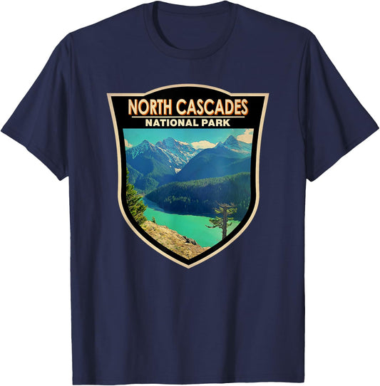 Totally Wild Designs North Cascades National Park Vintage Watercolor Badge - -Adults & Kids - Black - Small - Short Sleeve - Cotton 60% Polyester 40% T-Shirt - T-Shirt | Navy