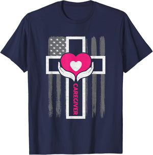 Christian Caregiver Jesus Christ USA Flag Funny Caregiver Women Men T-Shirt - T-Shirt | Navy