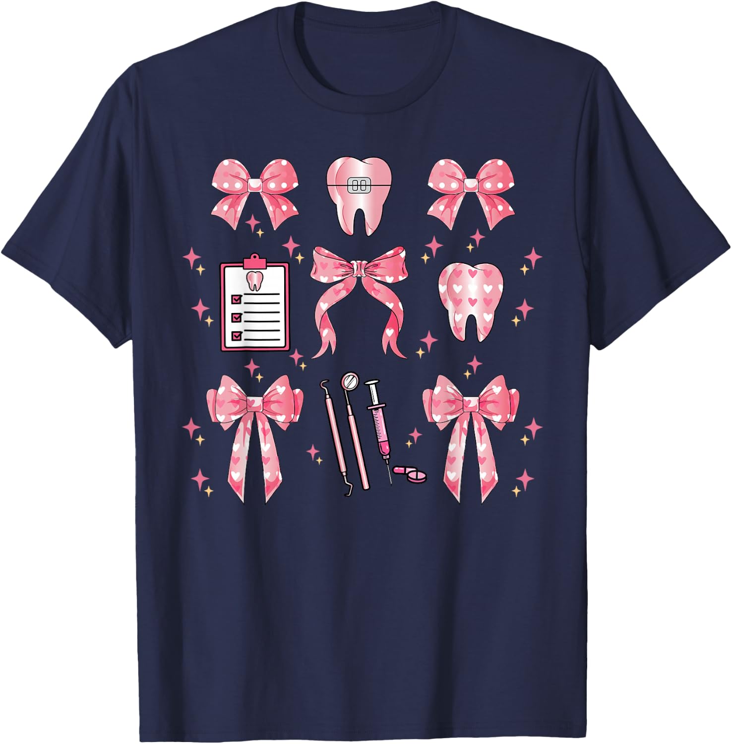 Coquette Bow Teeth Dentist Squad Dental Assistant Hygienist T-Shirt - T-Shirt | Navy
