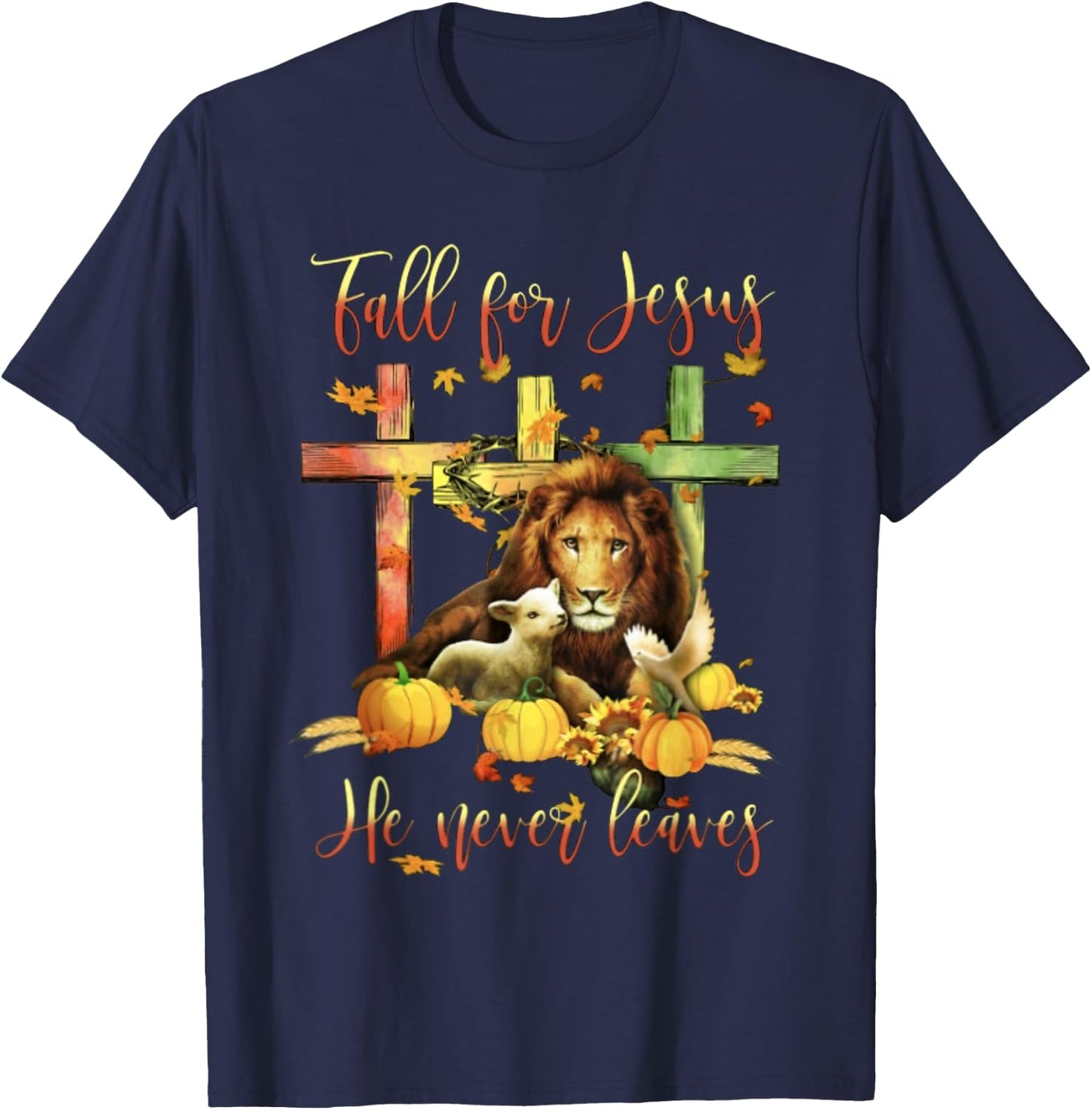 Fall For Jesus He Never Leaves Lion Autumn T-Shirt - T-Shirt | Navy