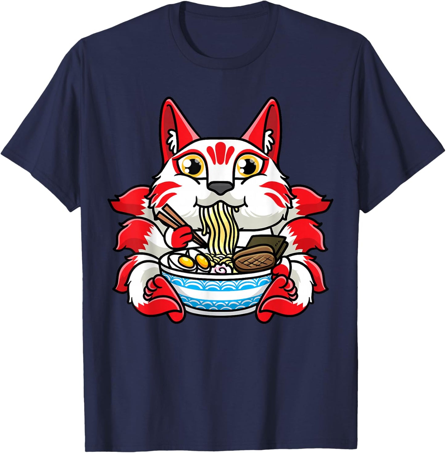 Kitsune Eating Ramen Noodles Otaku Japanese Nine Tailed Fox T-Shirt - T-Shirt | Navy
