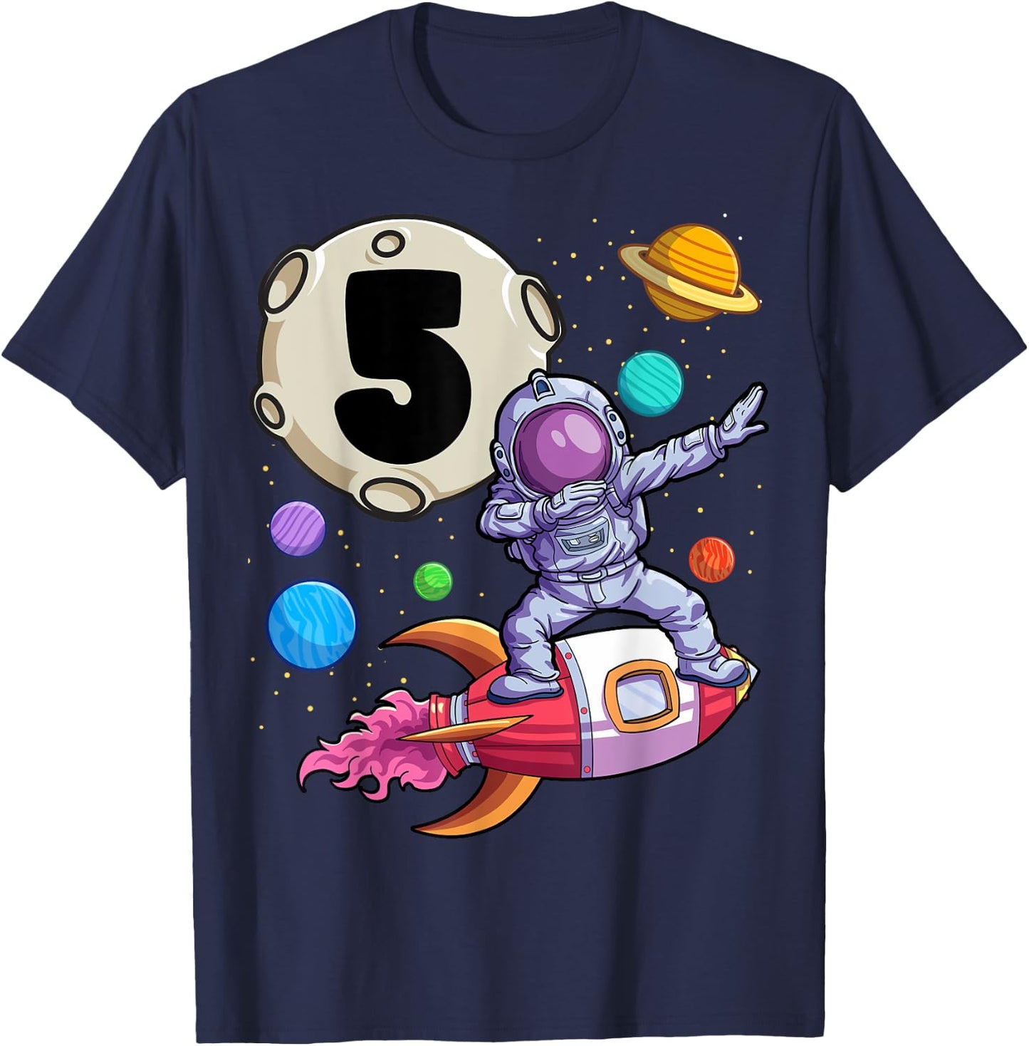 Dabbing Astronaut 5 Yrs Old Birthday Boy Space 5th Birthday T-Shirt - T-Shirt | Navy