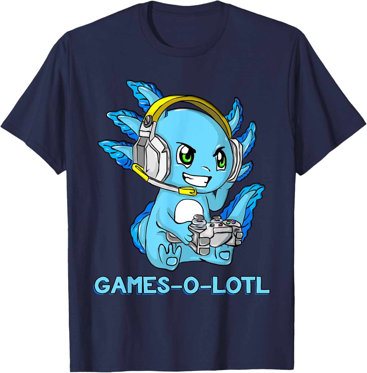 Gamesolotl Axolotl Gamer with Headset Cute Anime Kawaii T-Shirt - T-Shirt | Navy