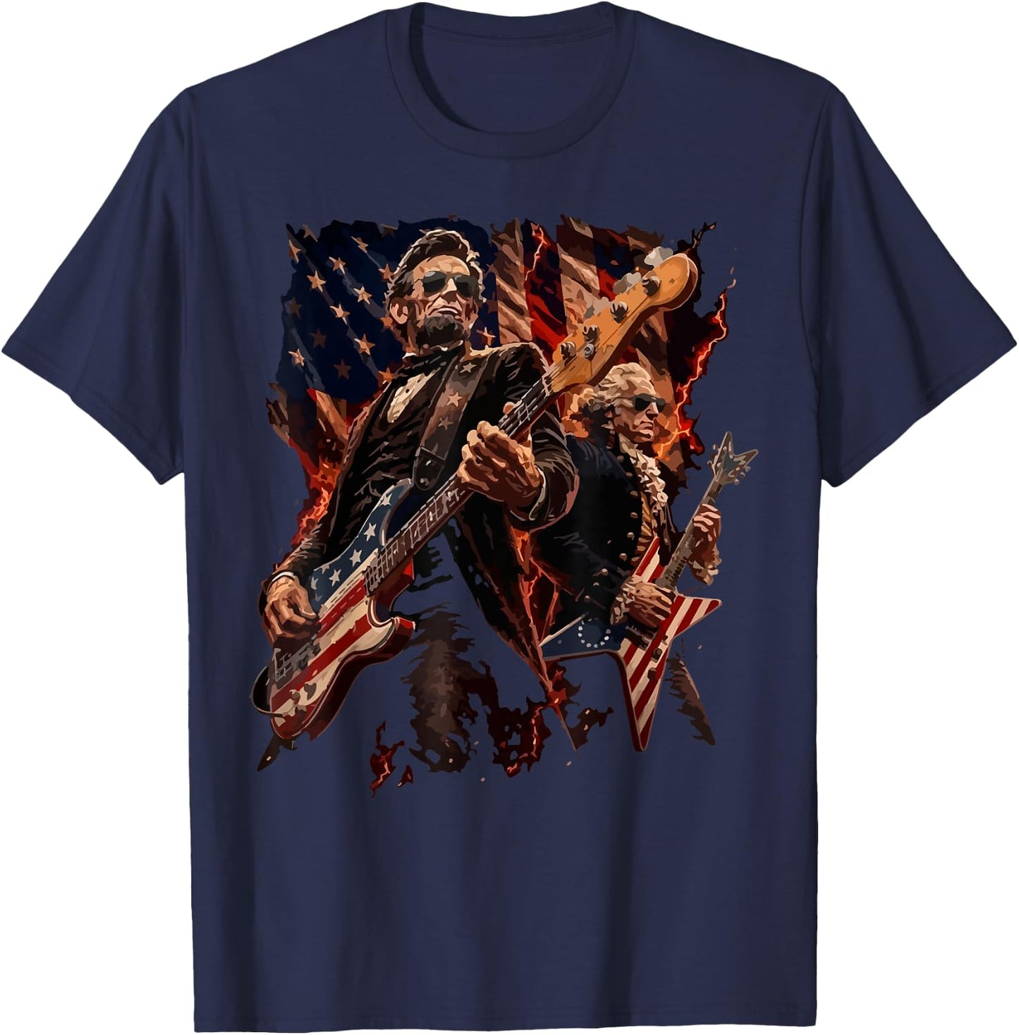 Presidents Abe Lincoln and George Washington Playing Guitar T-Shirt - T-Shirt | Navy