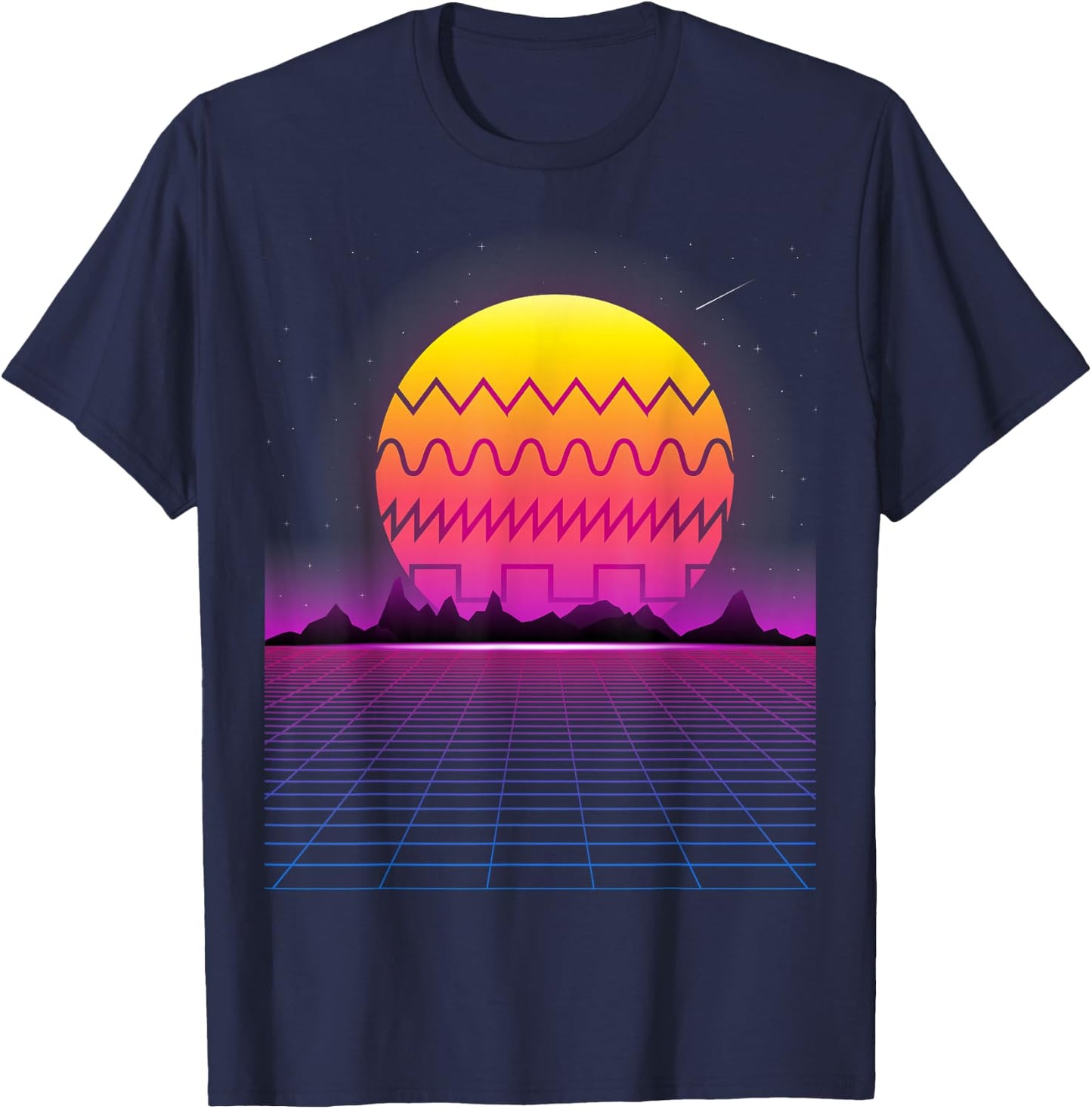 80s Retro Sunset Synthesizer T Shirt | Synthwave Waveform T-Shirt - T-Shirt | Navy
