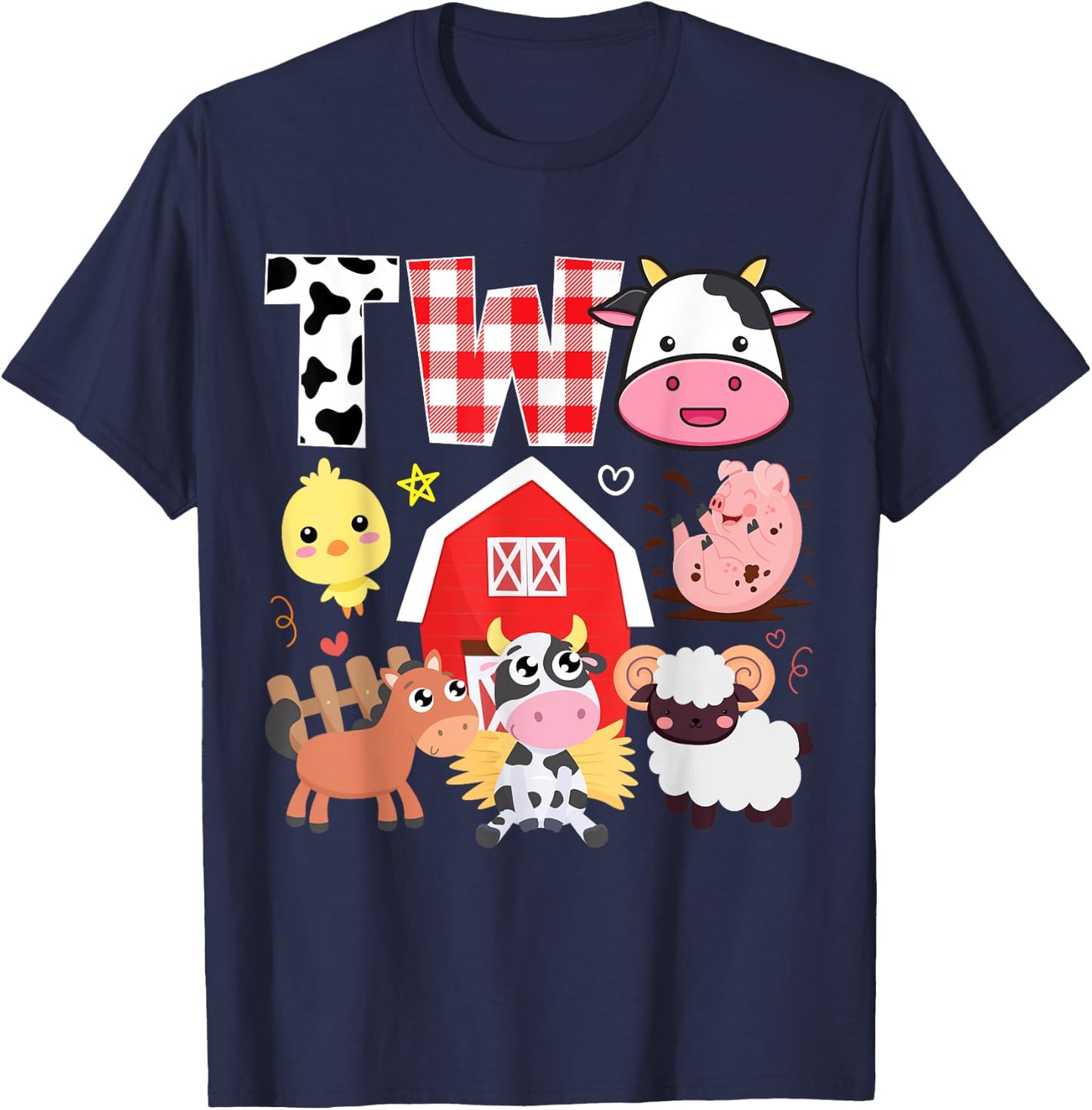 2nd Birthday Two Year Old Farm Theme Animals Birthday Party T-Shirt - T-Shirt | Navy