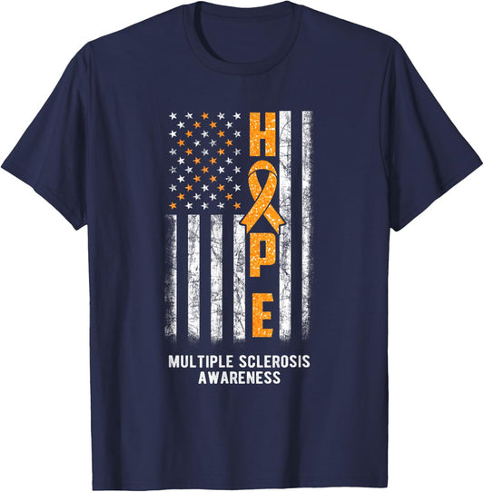 Orange Ribbon Hope MS - Multiple Sclerosis Awareness T-Shirt - T-Shirt | Navy