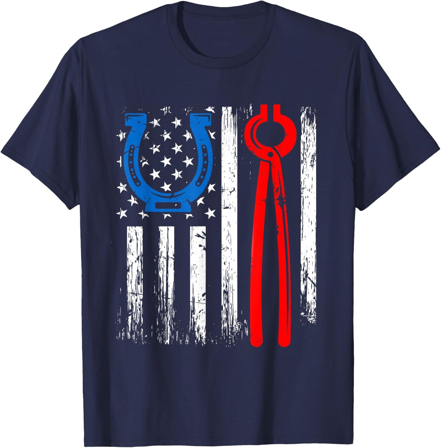 US American Flag Farrier Hoof Blacksmith Horseshoe Iron Women Men T-Shirt - T-Shirt | Navy