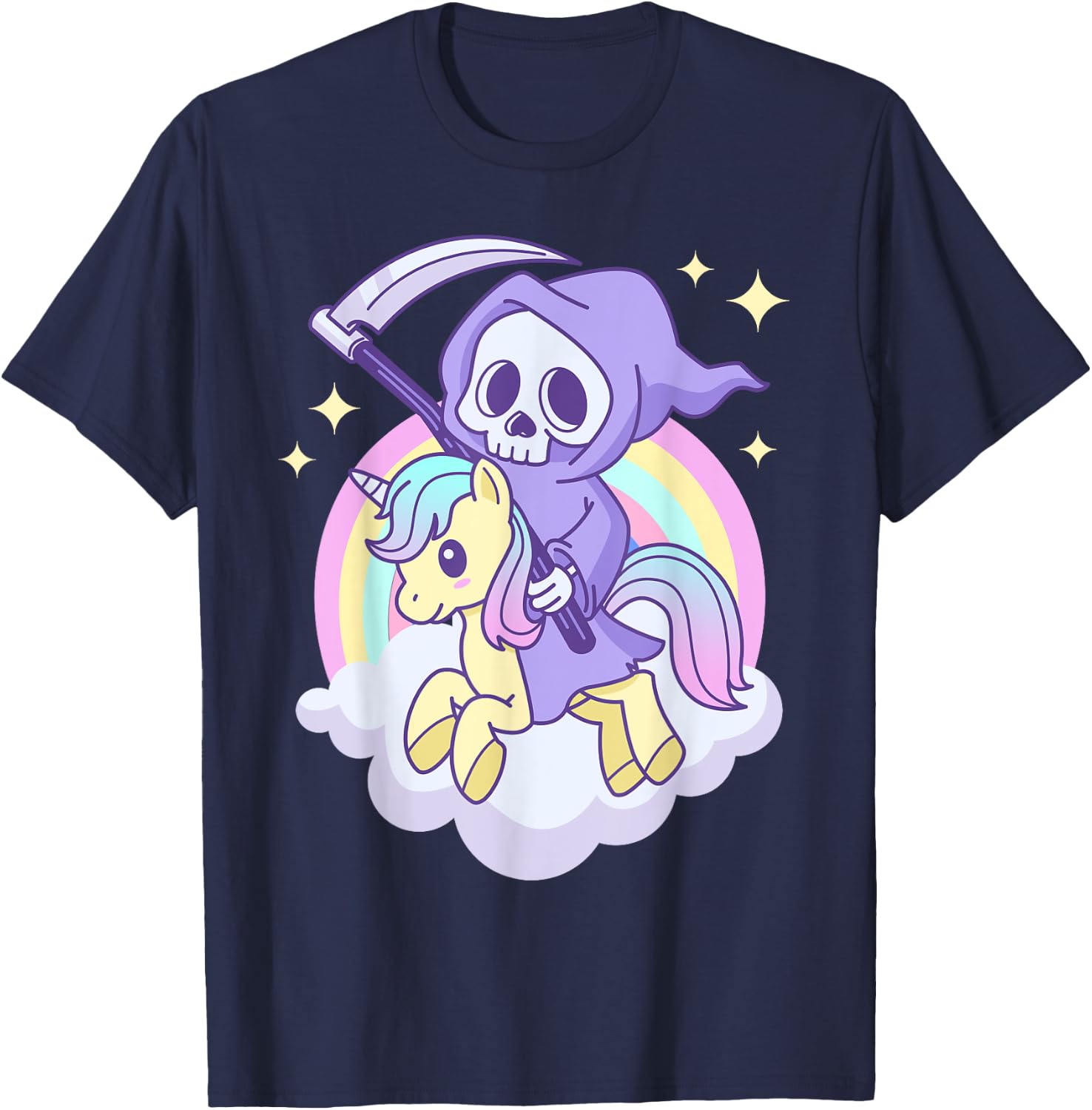 Cute Pastel Goth Grim Reaper on a Unicorn T-Shirt - T-Shirt | Navy