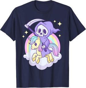Cute Pastel Goth Grim Reaper on a Unicorn T-Shirt - T-Shirt | Navy