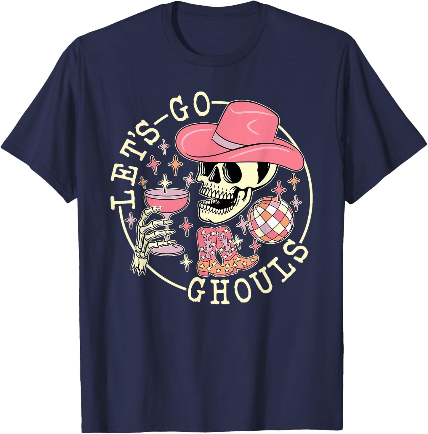 Let's Go Ghouls Skull Skeleton Cowgirl Drinking Halloween T-Shirt - T-Shirt | Navy