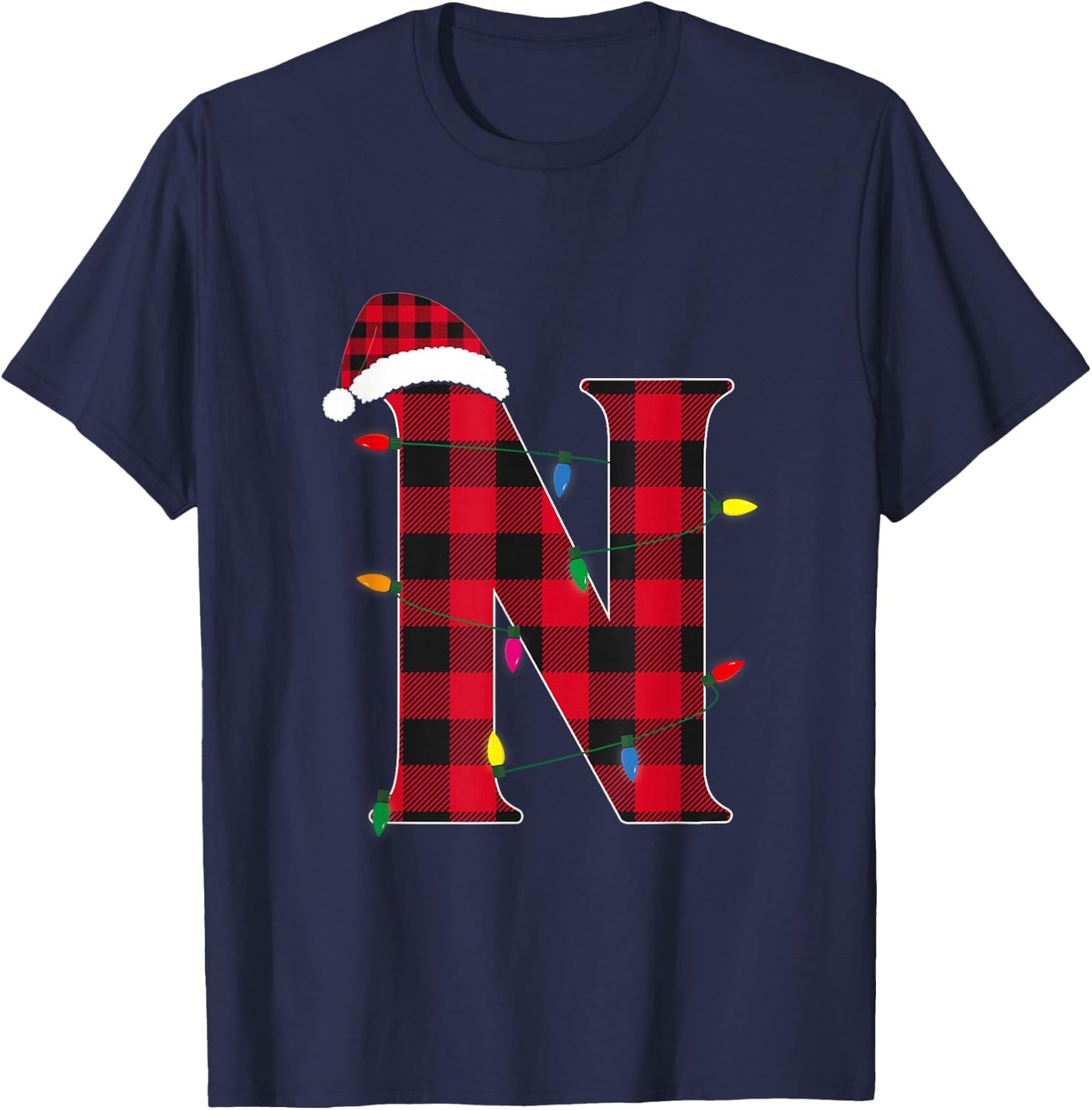 Awesome Letter N Initial Name Buffalo Plaid Christmas T-Shirt - T-Shirt | Navy