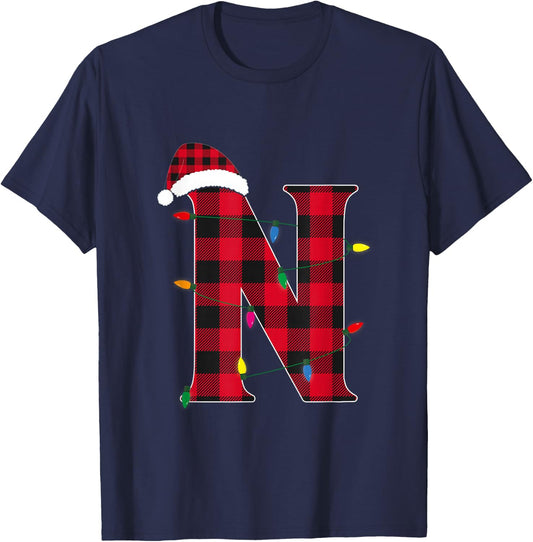 Awesome Letter N Initial Name Buffalo Plaid Christmas T-Shirt - T-Shirt | Navy