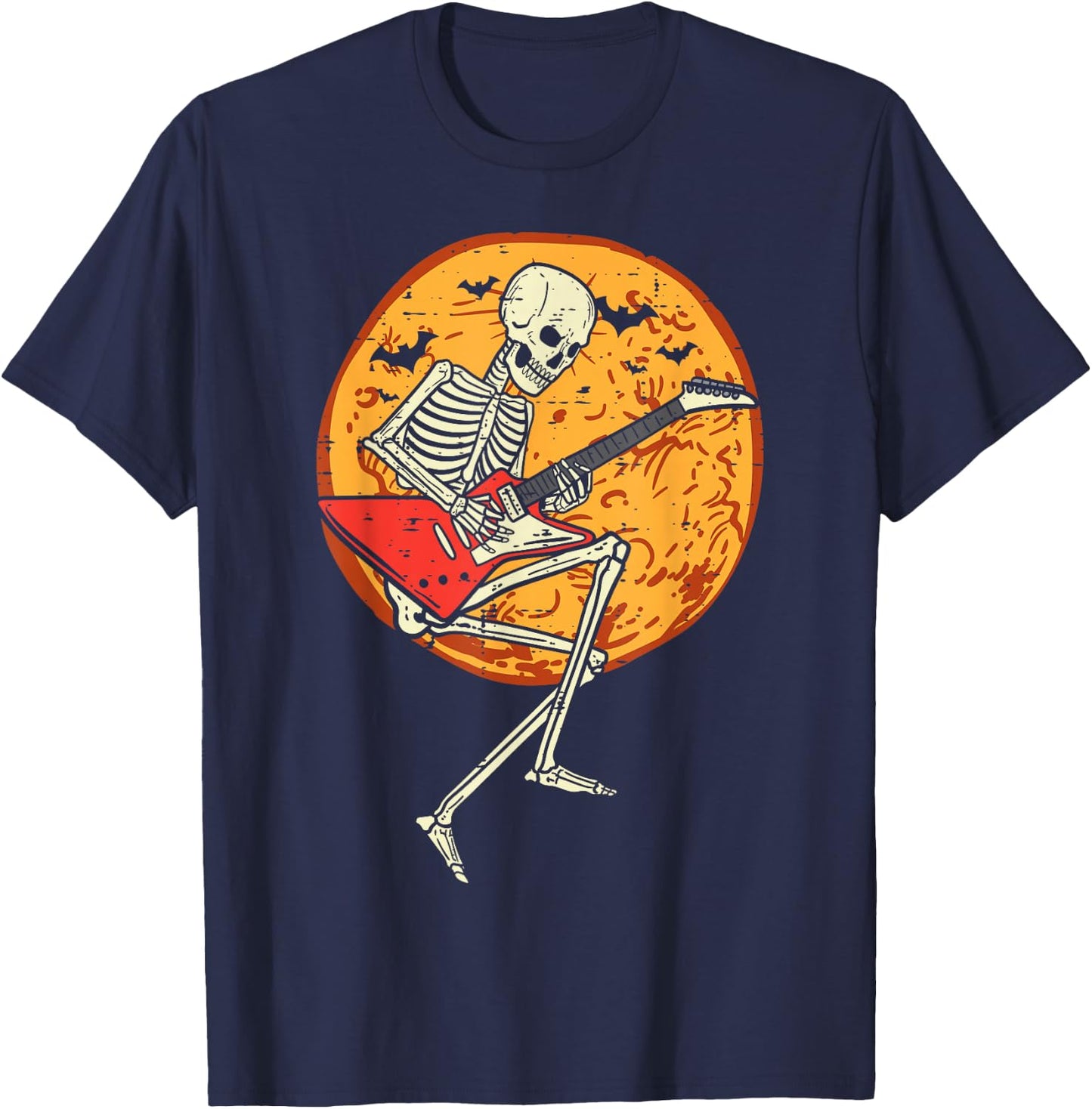 Skeleton Playing Guitar Rock Moon Halloween Music Boys Men T-Shirt - T-Shirt | Navy