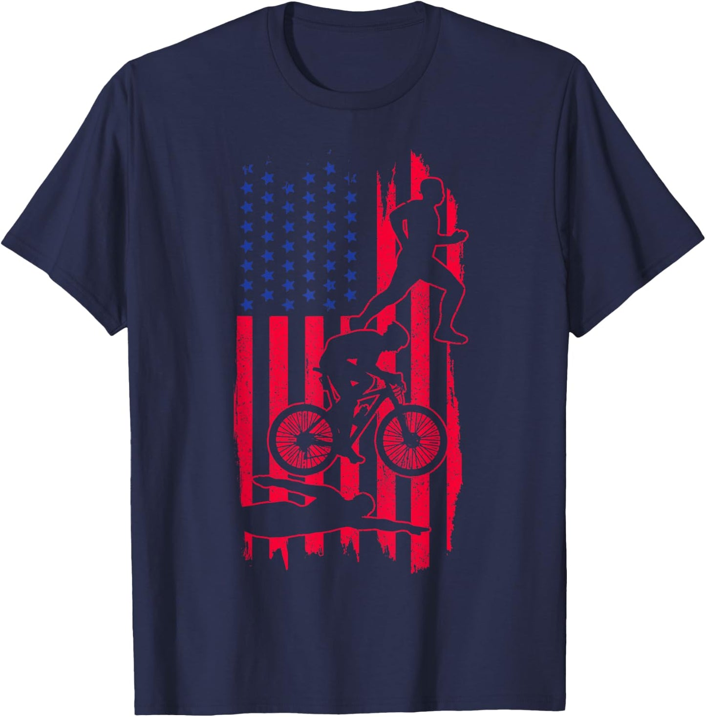 Triathlon US Flag Swim Bike Run Sport Patriotic Triathlete Women Men T-Shirt - T-Shirt | Navy