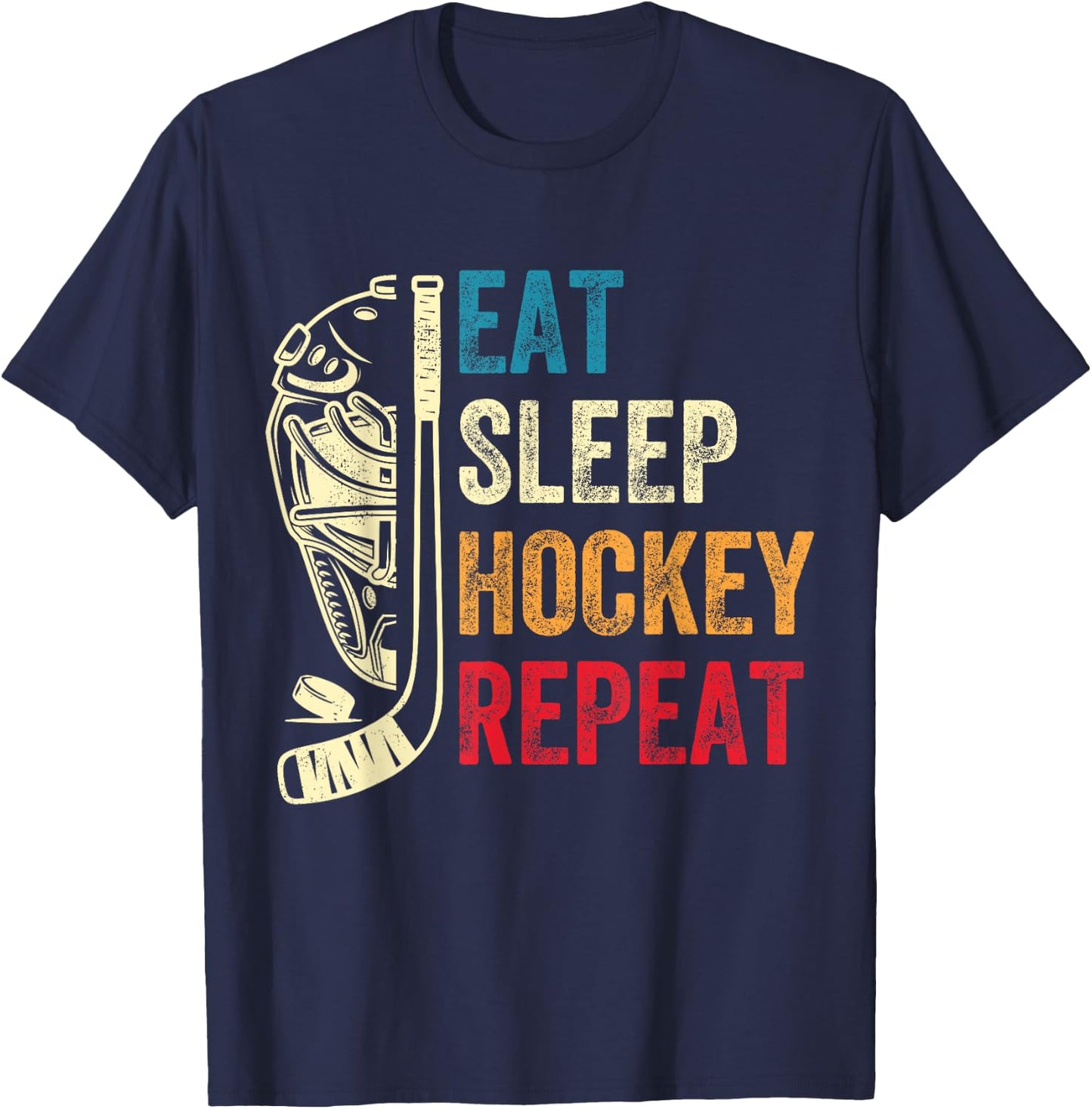 Eat Sleep Hockey Repeat Kids Adult Ice Hockey Retro Vintage T-Shirt - T-Shirt | Navy