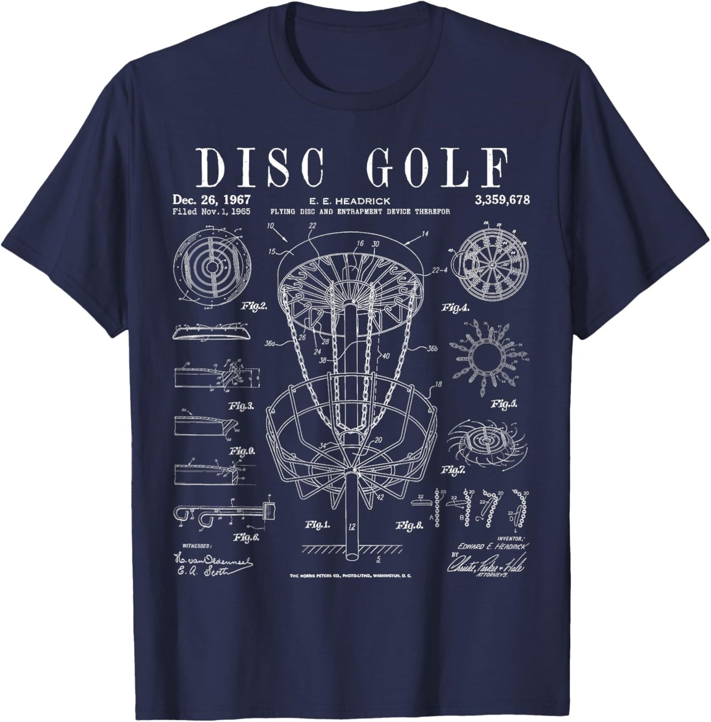 Disc Golf Frolf Frisbee Basket Vintage Patent Drawing Print T-Shirt - T-Shirt | Navy