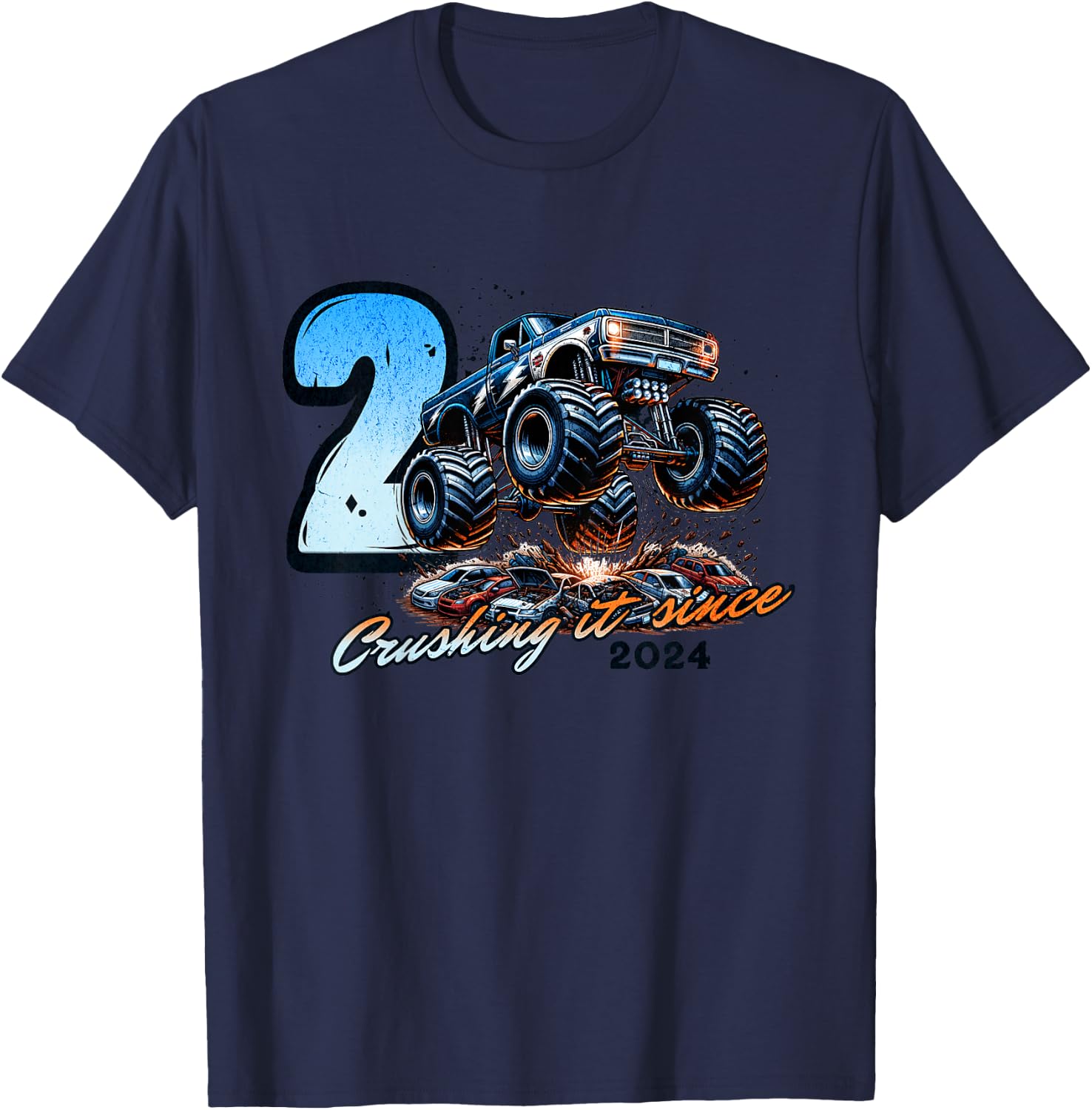 Kids 2nd Birthday Truck Turning 2 Years Old Boy Born in 2024 T-Shirt - T-Shirt | Navy