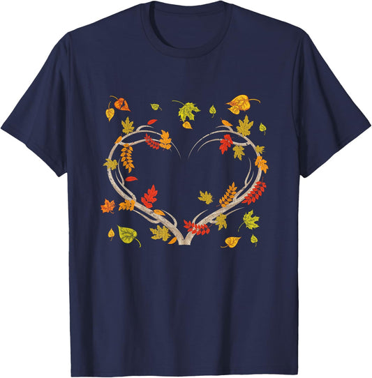 Autumn Leaves Heart Nature Love Botanical Thanksgiving Fall T-Shirt - T-Shirt | Navy