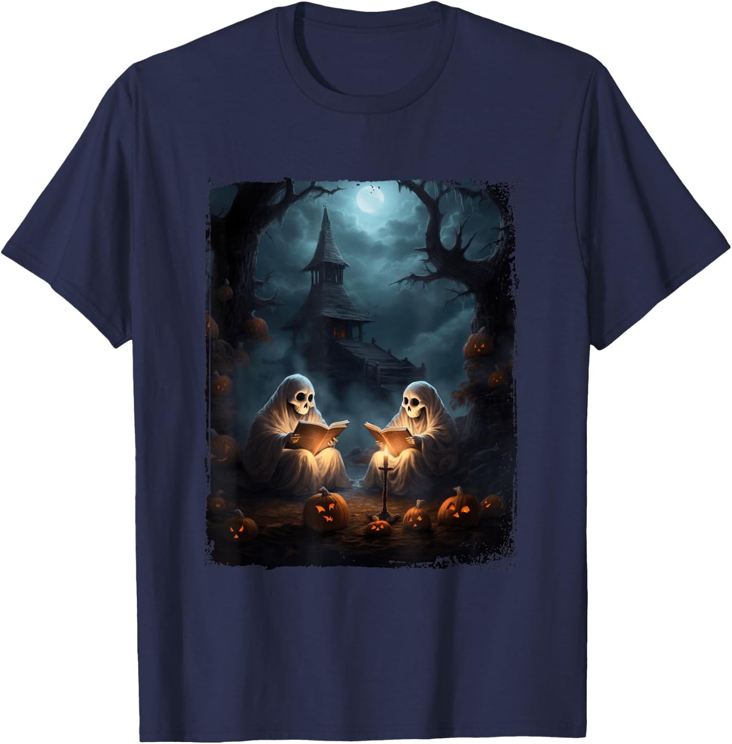 Vintage Boo Halloween Camping Reading Teacher Books Ghost T-Shirt - T-Shirt | Navy