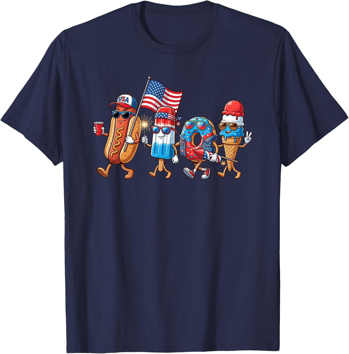 Cool Patriotic Food Characters 4th of July Cartoon Design T-Shirt - T-Shirt | Navy