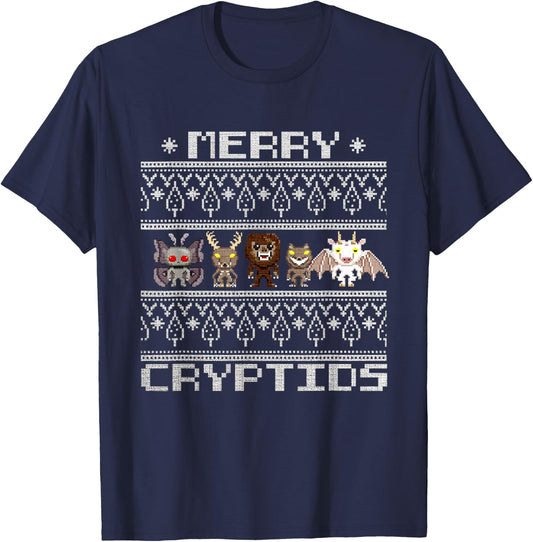 Merry Cryptids - Ugly Christmas Bigfoot, Mothman, Wendigo T-Shirt - T-Shirt | Navy