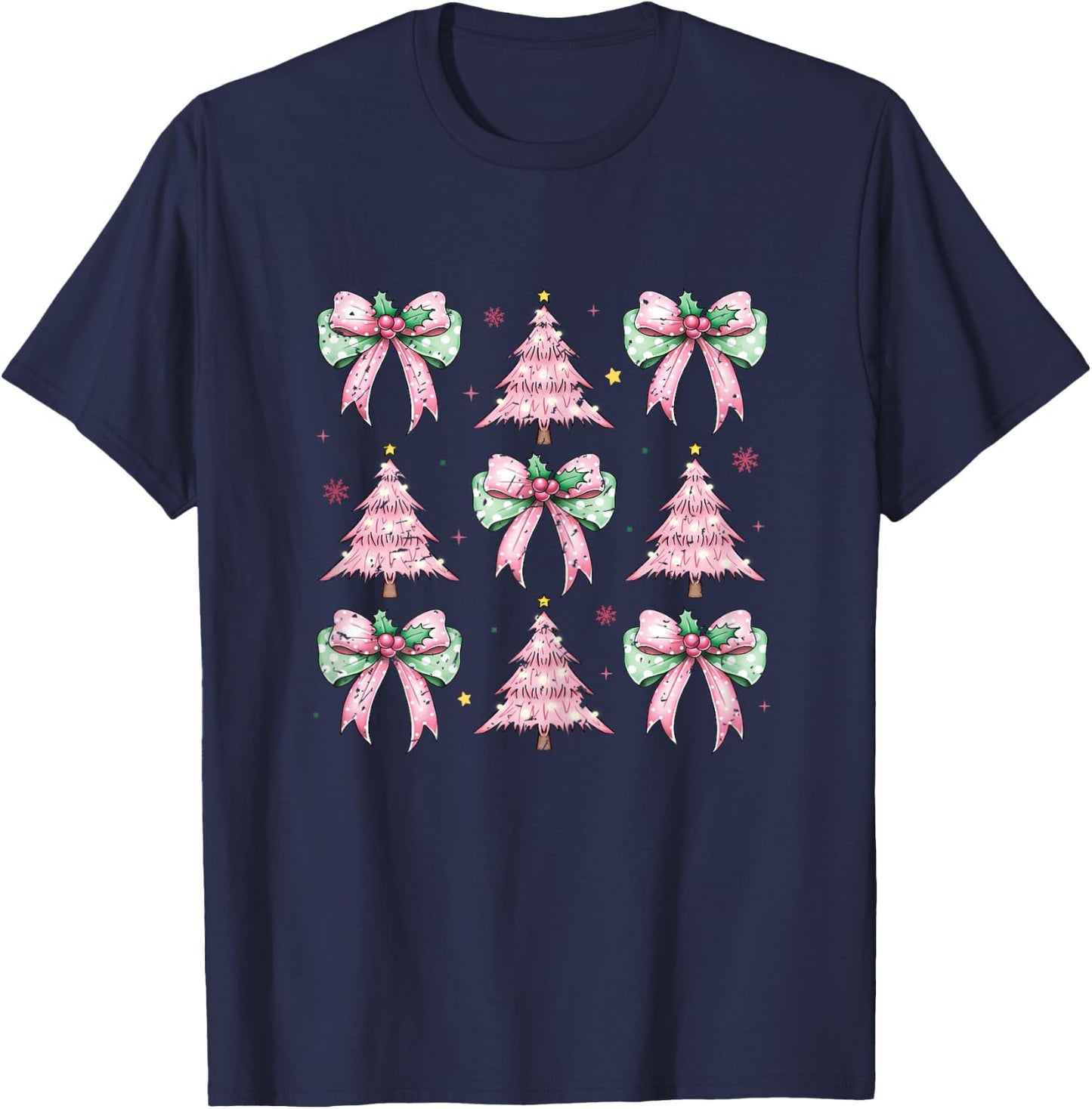 Coquette Pink Christmas Trees and Pink Bows Woman's Girl's T-Shirt - T-Shirt | Navy