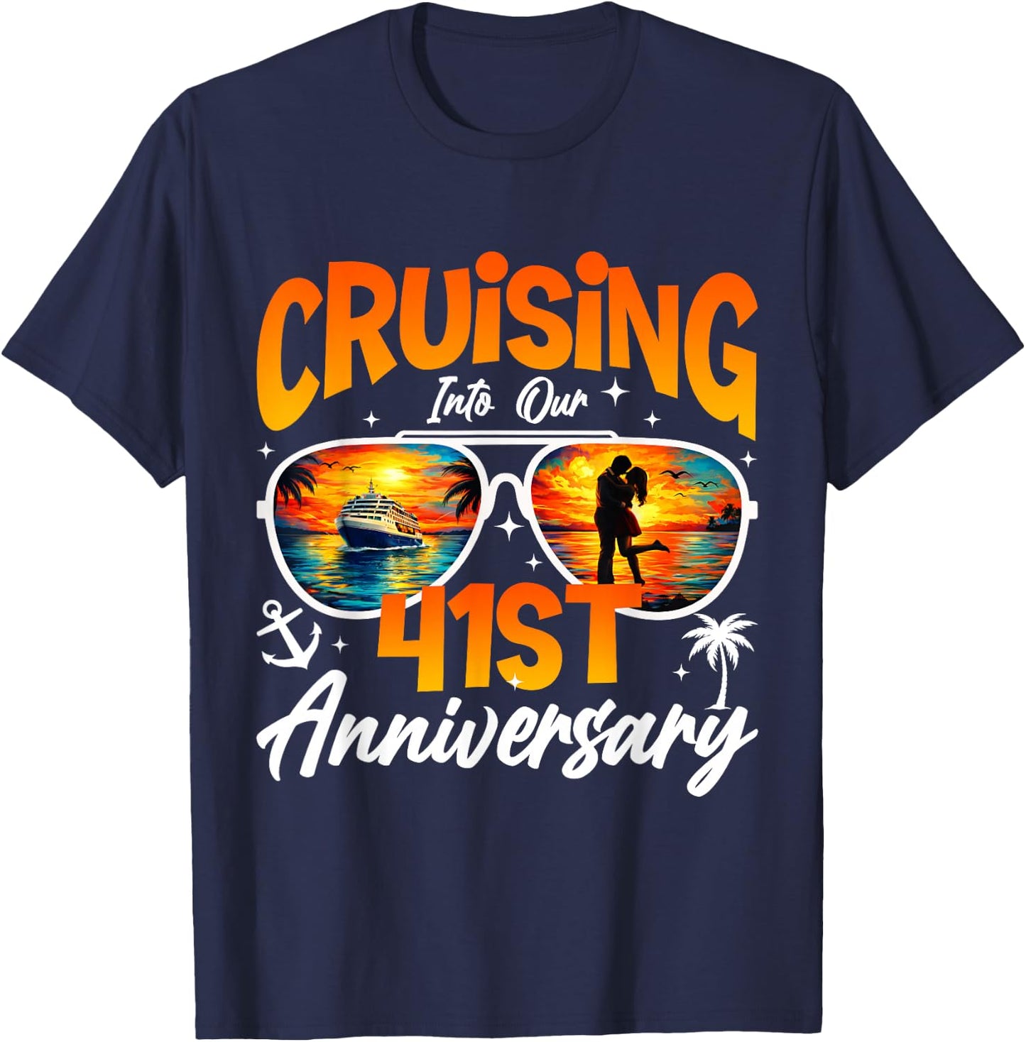 Vintage Cruising Into 41st Anniversary Cruise Sunset Couple T-Shirt - T-Shirt | Navy