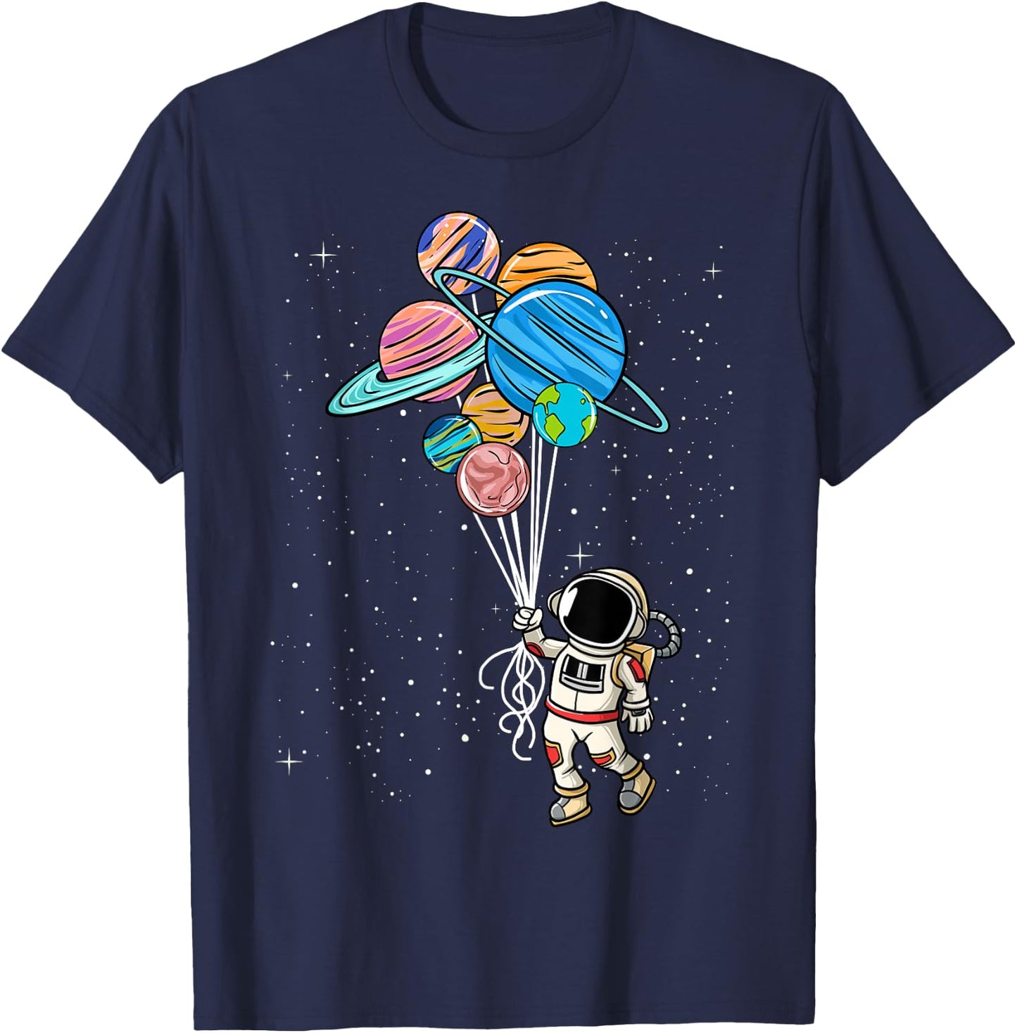 Astronaut Holding Planet Balloons BoysGirls STEM Kids T-Shirt - T-Shirt | Navy