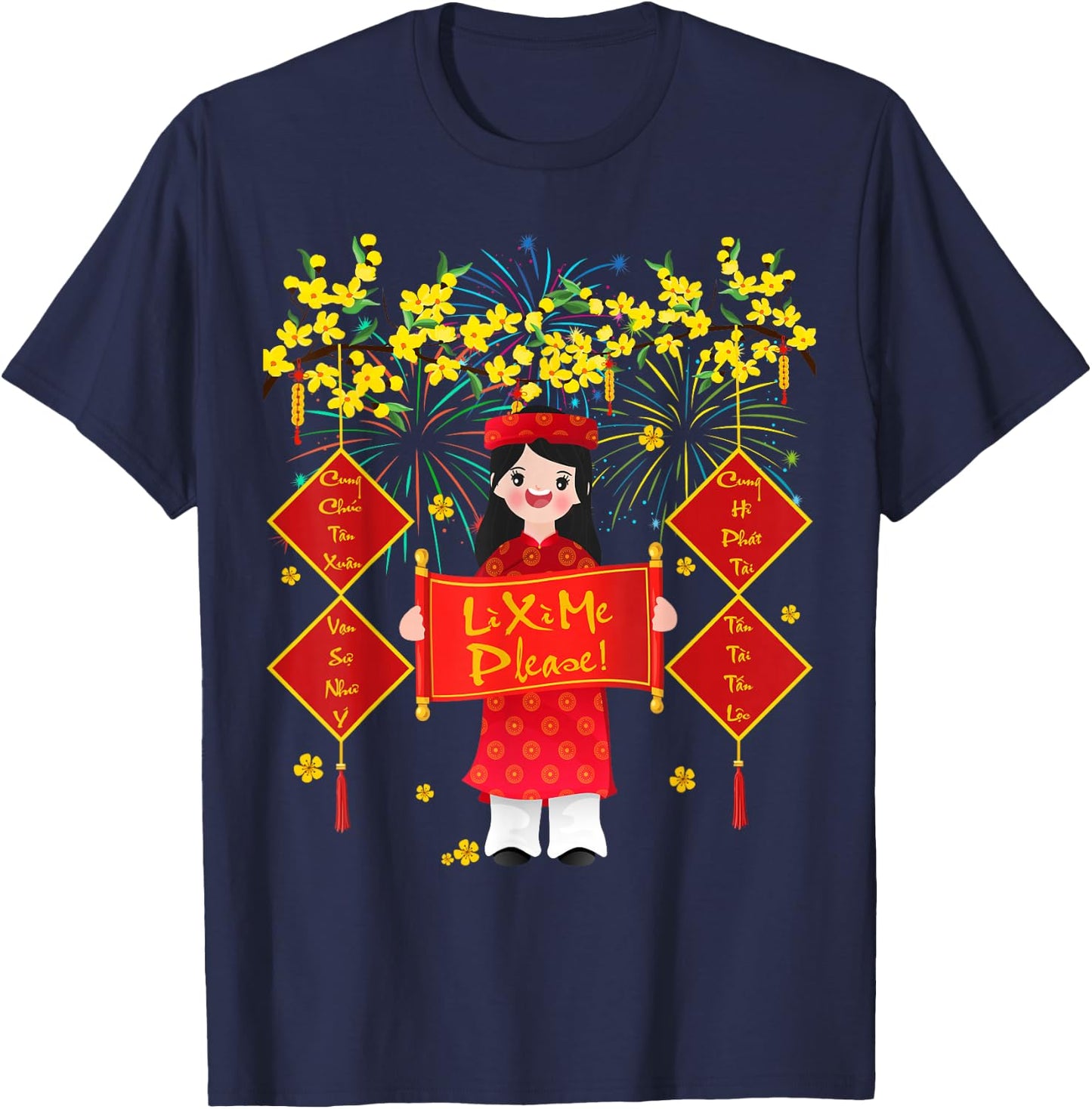 Cute Vietnamese Lunar New Year Horse Kids Girls Lucky Money T-Shirt - T-Shirt | Navy