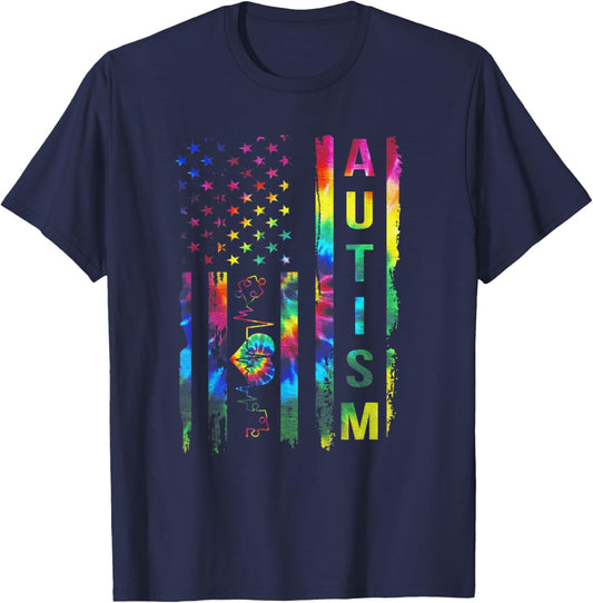 American Flag Autism Awareness Teacher Mom Support Tie Dye Men T-Shirt - T-Shirt | Navy