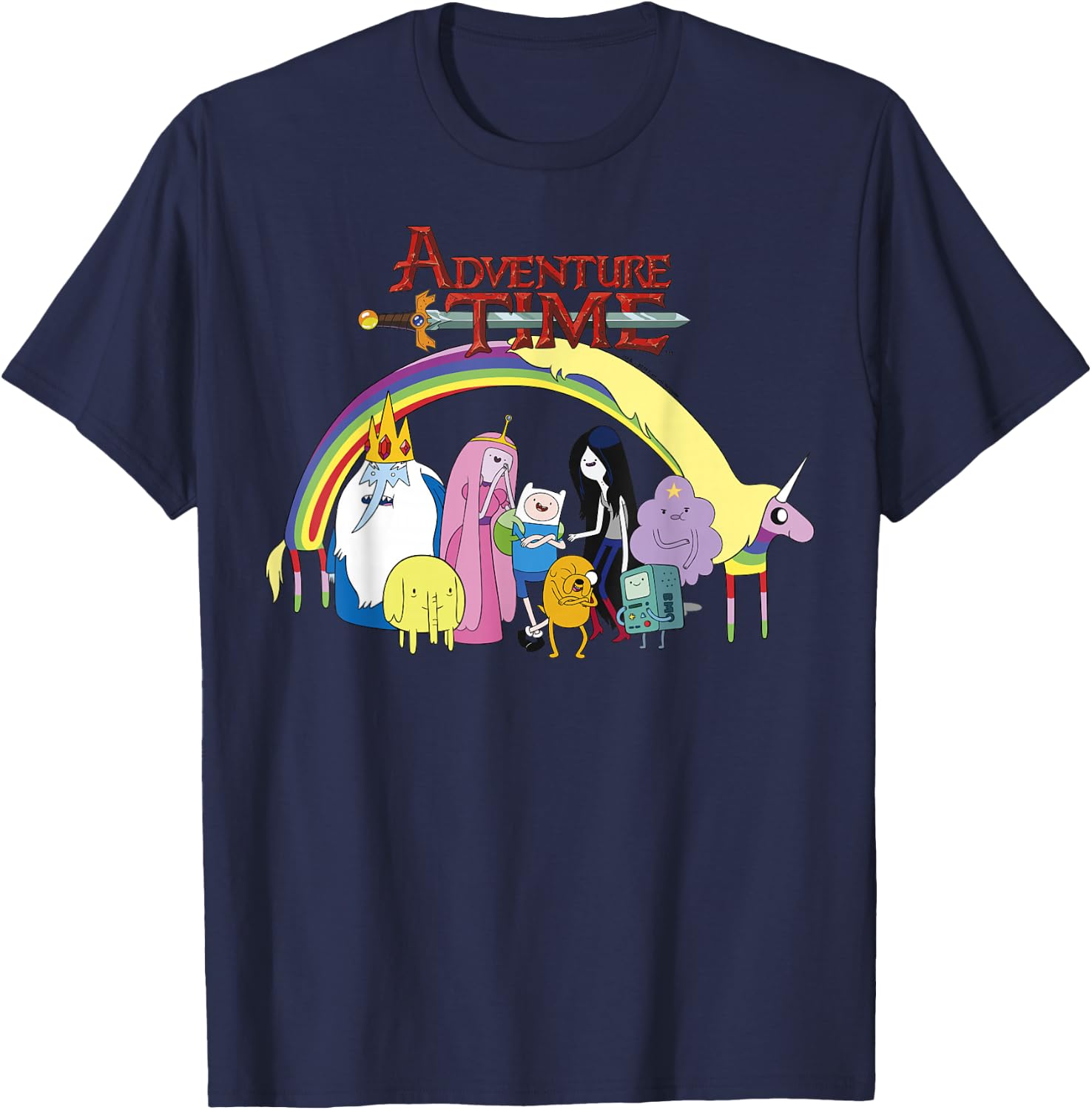 Adventure Time Classic Rainbow Unicorn Group Shot T-Shirt - T-Shirt | Navy