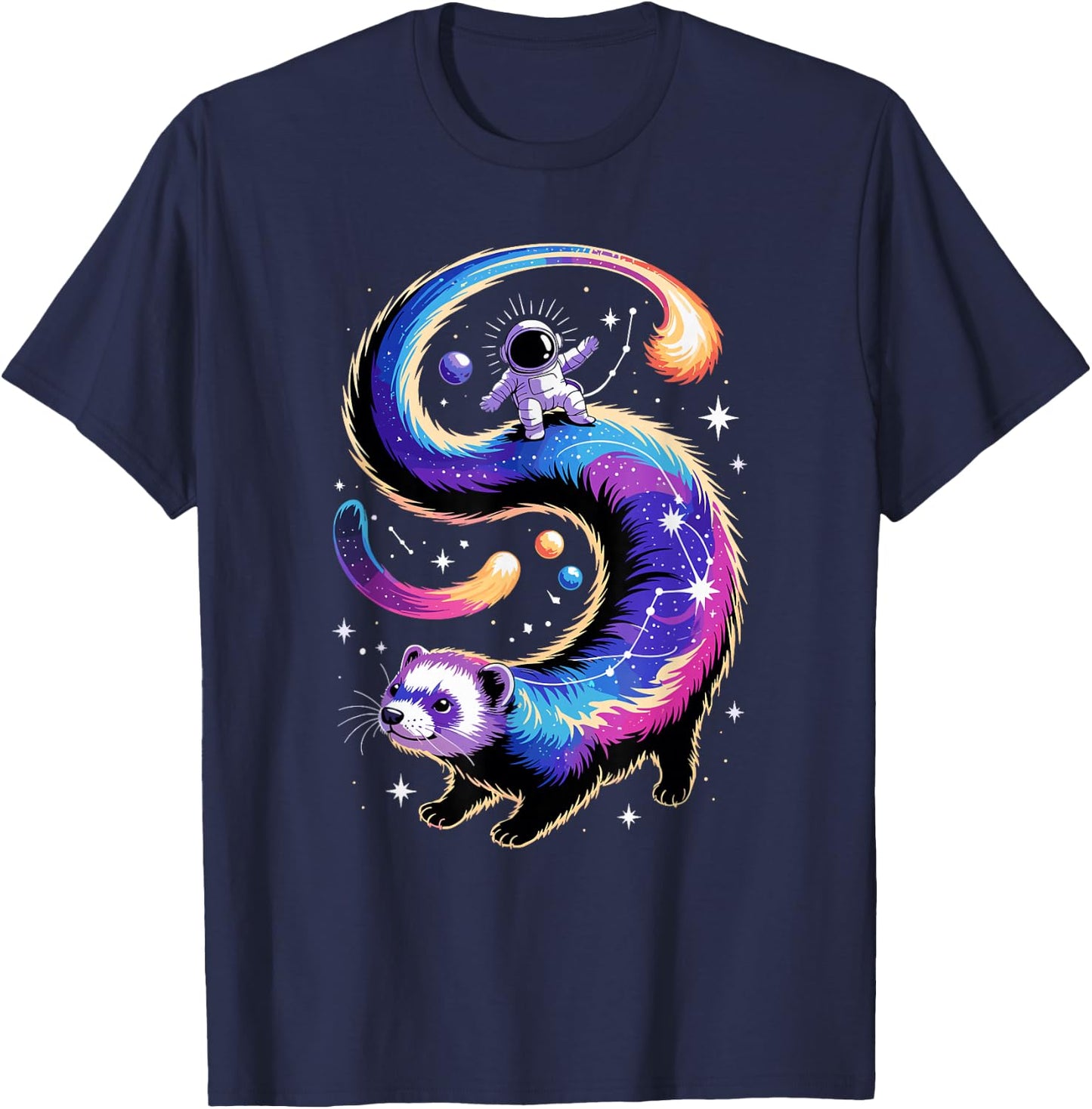 Astronaut Rides Ferret Space Stars Comets Galaxy Planets T-Shirt - T-Shirt | Navy