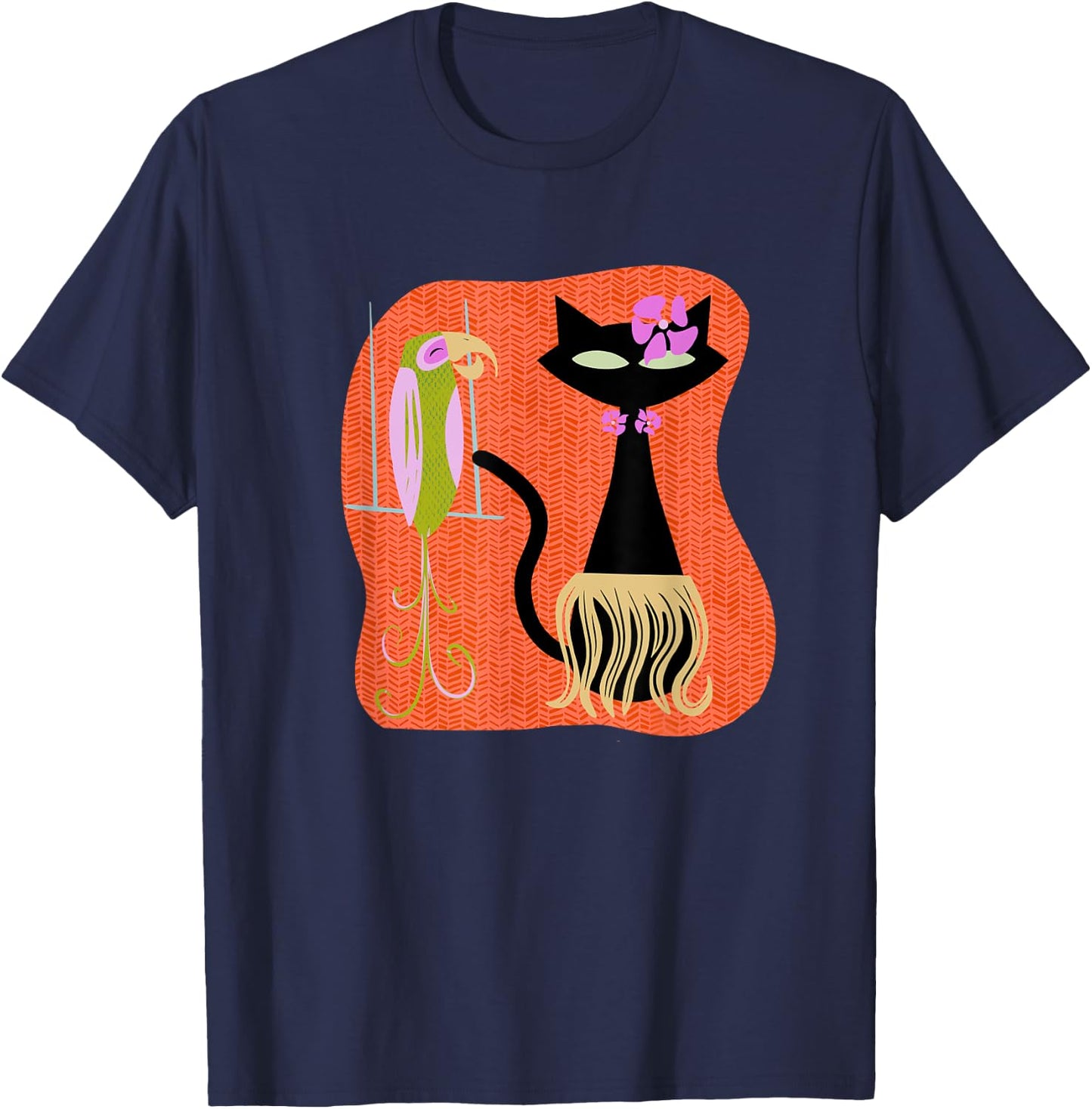 Hawaiian Hula Cat with Tropical Tiki Bird and Hibiscus Flowe T-Shirt - T-Shirt | Navy